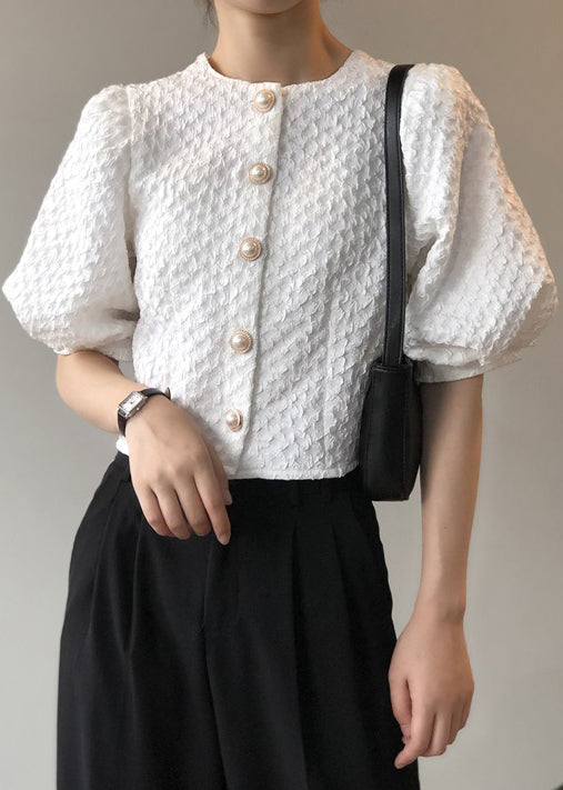 White O Neck Button Cotton Shirt Top Summer