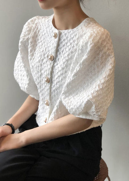 White O Neck Button Cotton Shirt Top Summer
