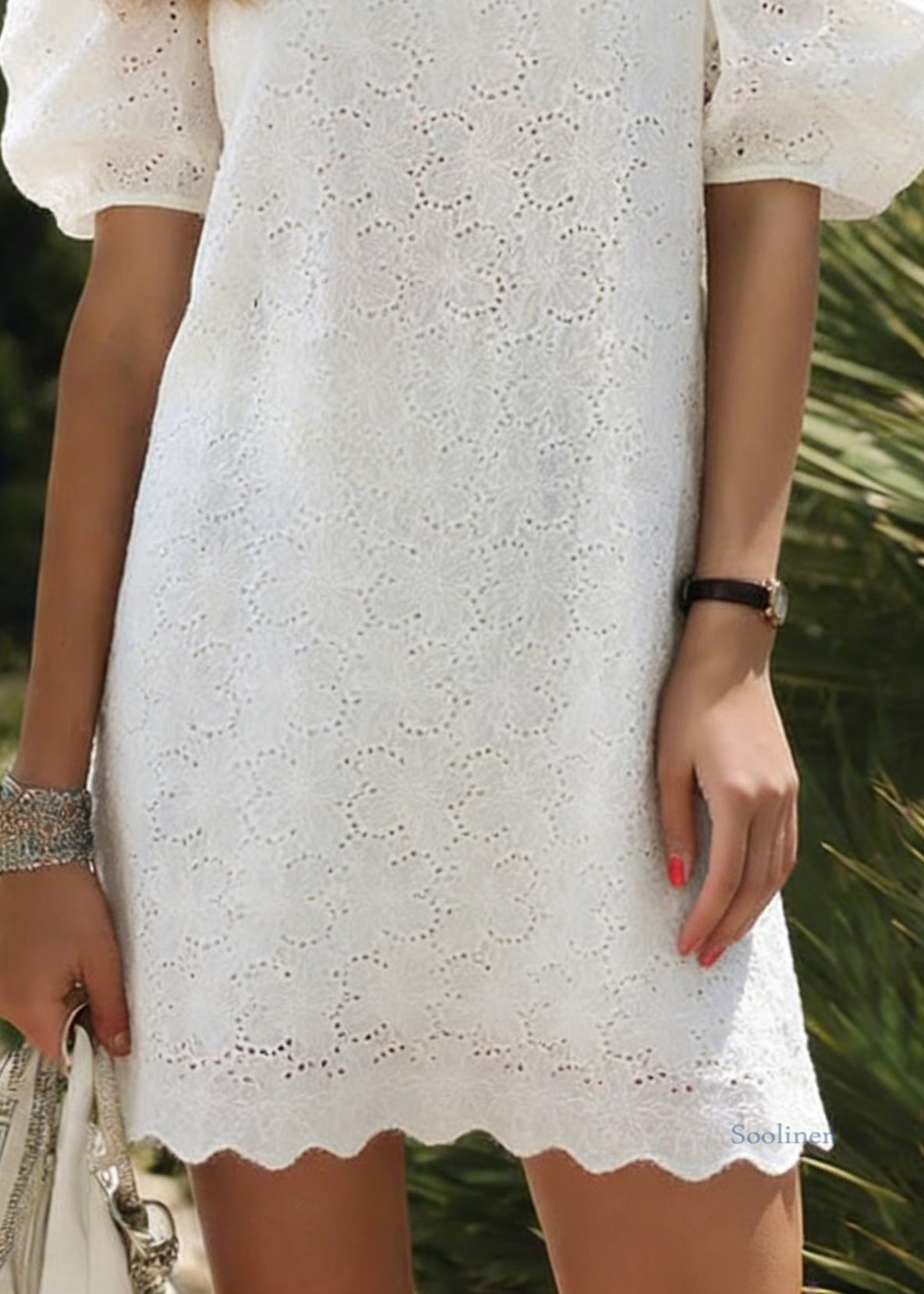 White O Neck Hollow Out Cotton Dress Puff Sleeve