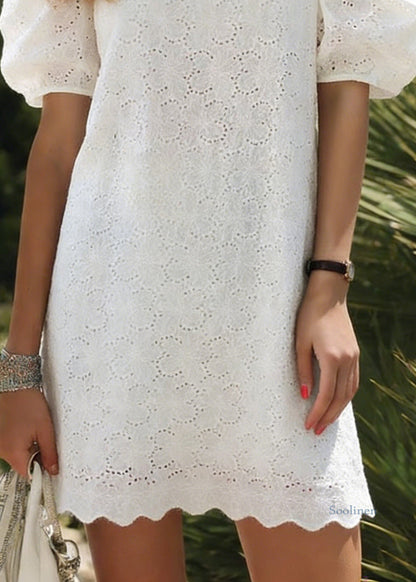 White O Neck Hollow Out Cotton Dress Puff Sleeve
