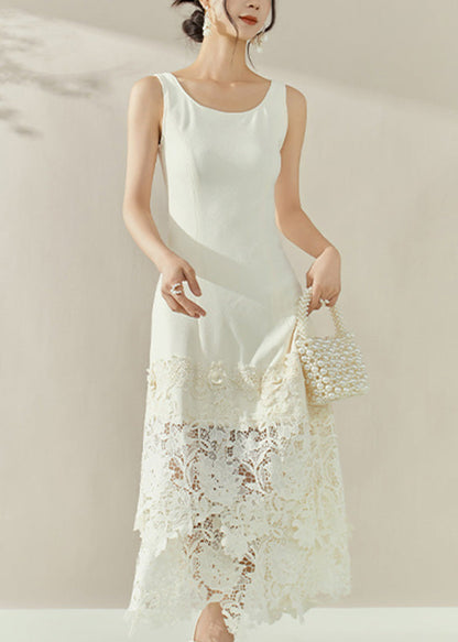 White O-neck Lace Patchwork Maxi Spaghetti Strap Dresses Sleeveless