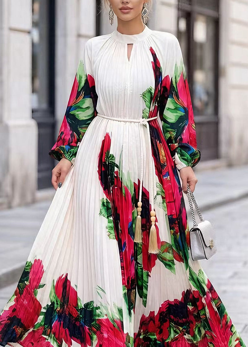 White O Neck Print Chiffon Maxi Dresses Spring