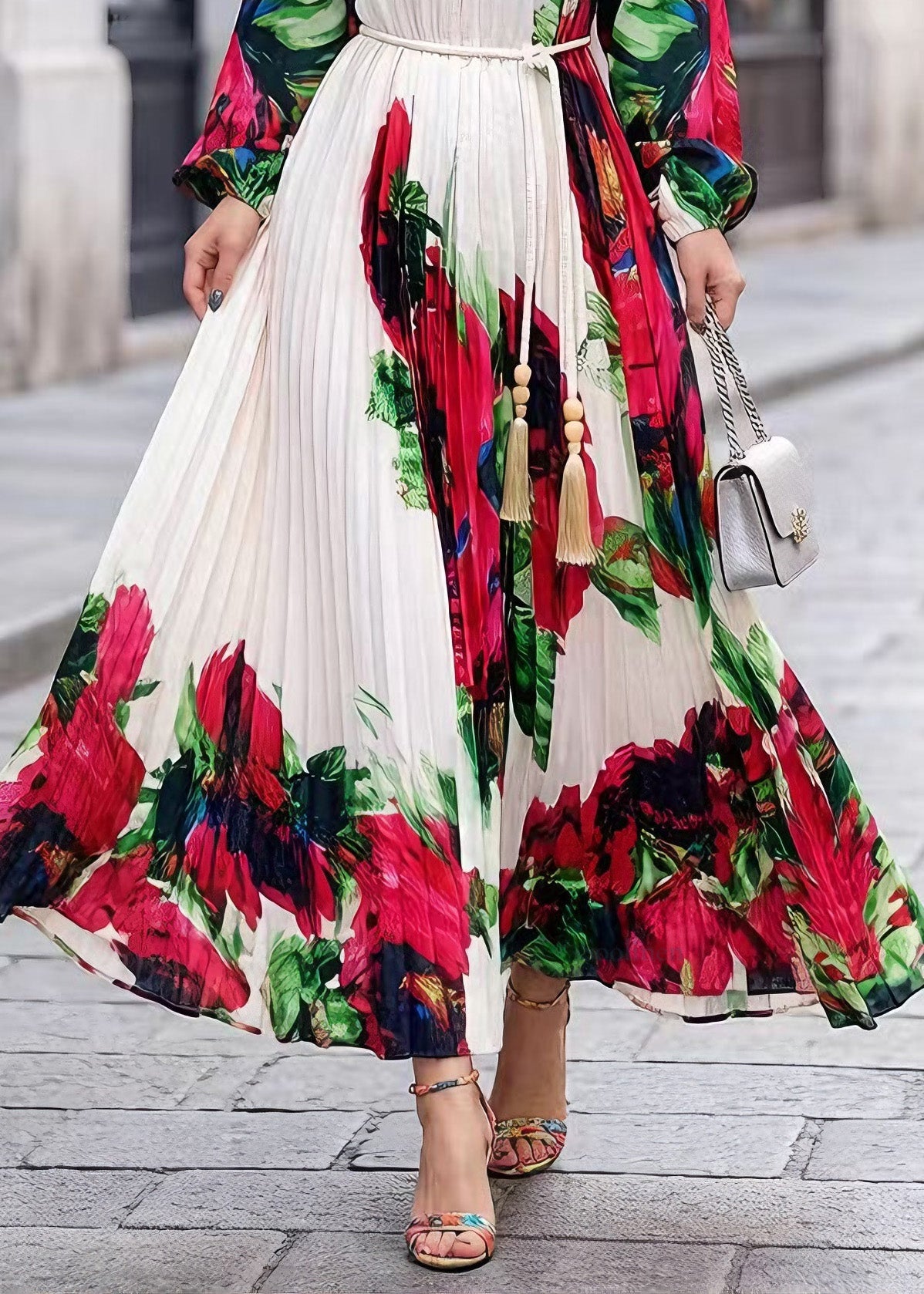 White O Neck Print Chiffon Maxi Dresses Spring