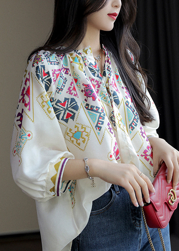 White O Neck Print Chiffon Shirt Spring