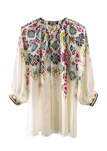 White O Neck Print Chiffon Shirt Spring