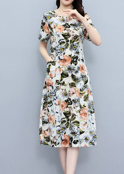 White O-neck Print Slim Silk Vacation Maxi Dresses Summer