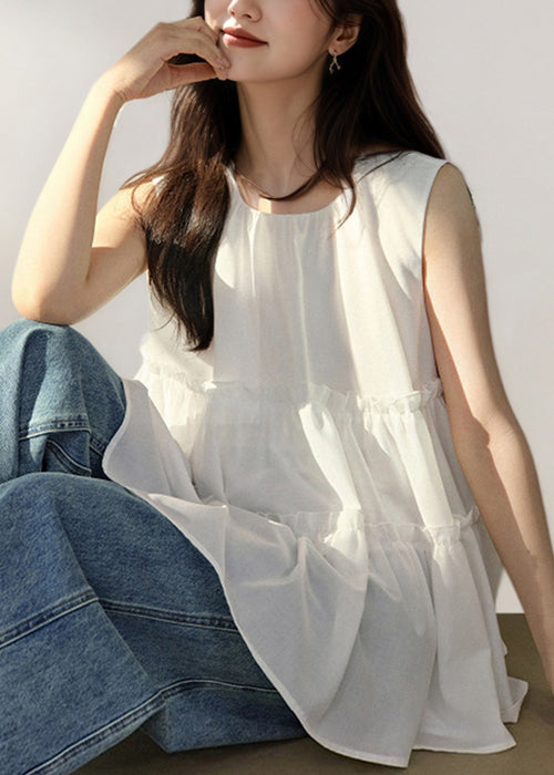 White O-neck Ruffled Cotton Tanks Sleeveless