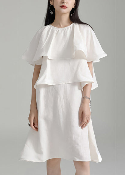 White O Neck Ruffled Patchwork Cotton Mid Dresses Summer