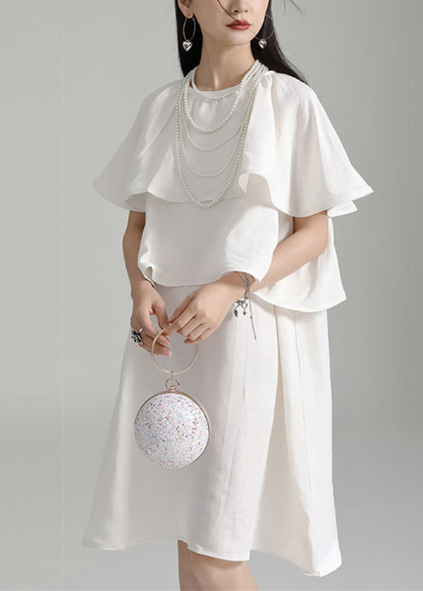 White O Neck Ruffled Patchwork Cotton Mid Dresses Summer