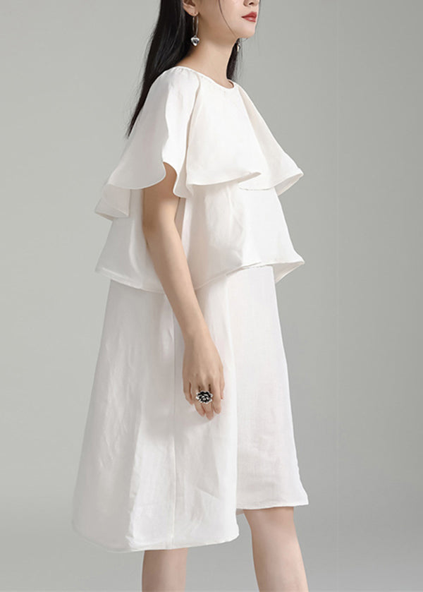 White O Neck Ruffled Patchwork Cotton Mid Dresses Summer