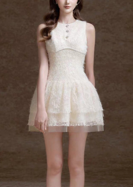 White O Neck Sequins Tulle Mid Dress Sleeveless