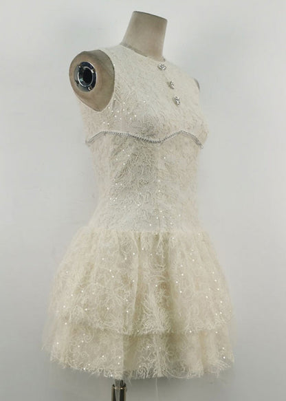 White O Neck Sequins Tulle Mid Dress Sleeveless