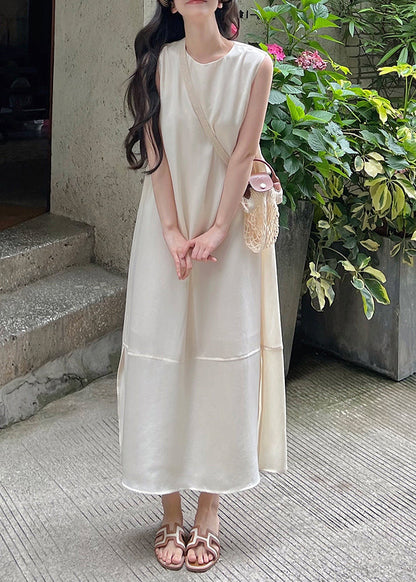 White O-neck Side Open Silk Long Dress Sleeveless