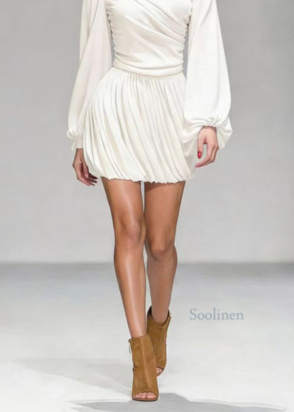 White O Neck Wrinkled Patchwork Mid Dress Lantern Sleeve