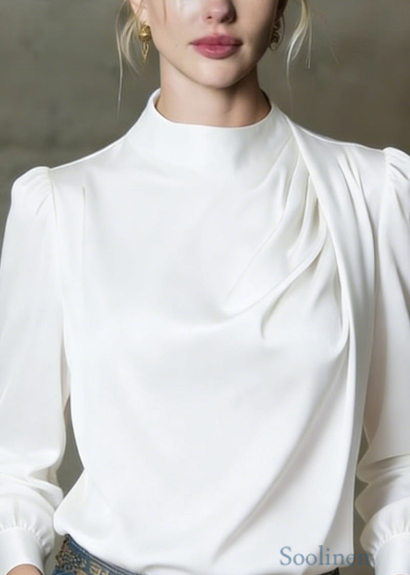 Elegant White O Neck Wrinkled Silk Shirts Spring
