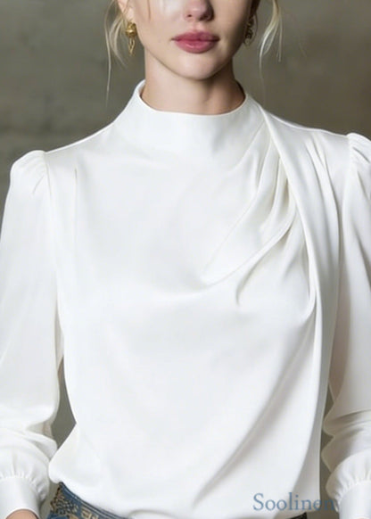 Elegant White O Neck Wrinkled Silk Shirts Spring