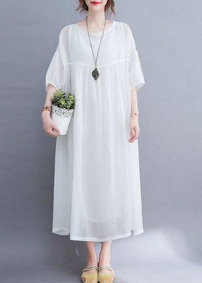White O-neck Wrinkled Extra Large Hem Long Dress Half Sleeve