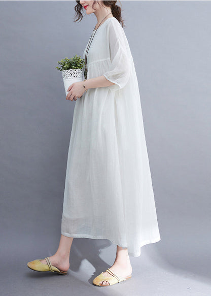 White O-neck Wrinkled Extra Large Hem Long Dress Half Sleeve