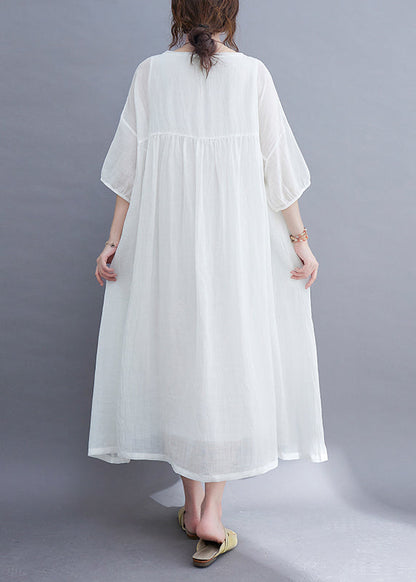 White O-neck Wrinkled Extra Large Hem Long Dress Half Sleeve