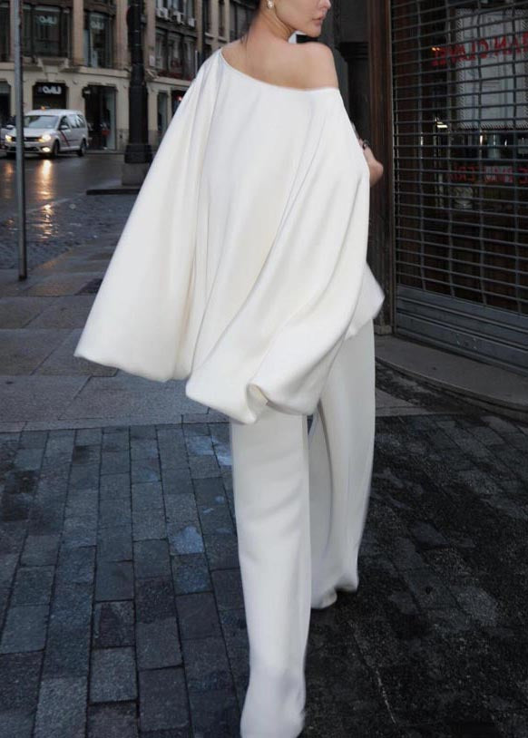 White One Shoulder Cotton Tops Batwing Sleeve