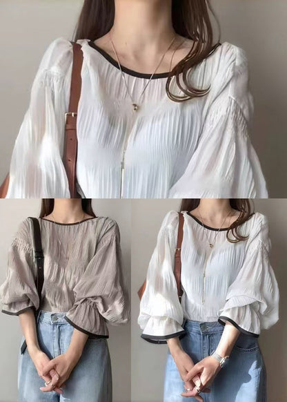 Elegant White Oversized Chiffon Shirt Tops Lantern Sleeve