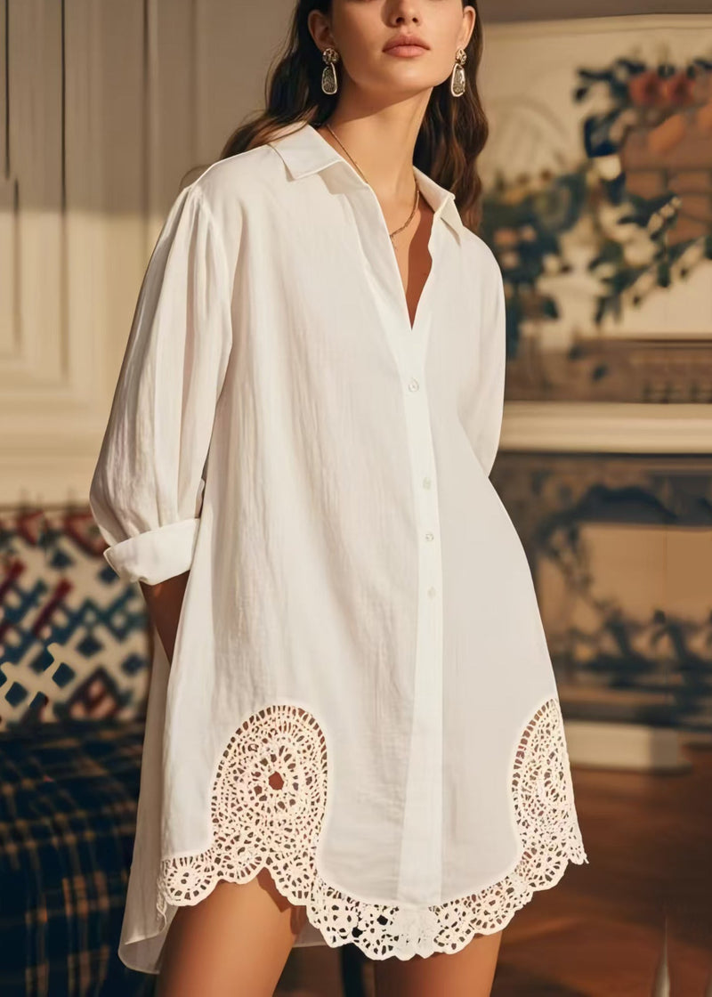 White Oversized Hollow Out Cotton Long Shirts Spring