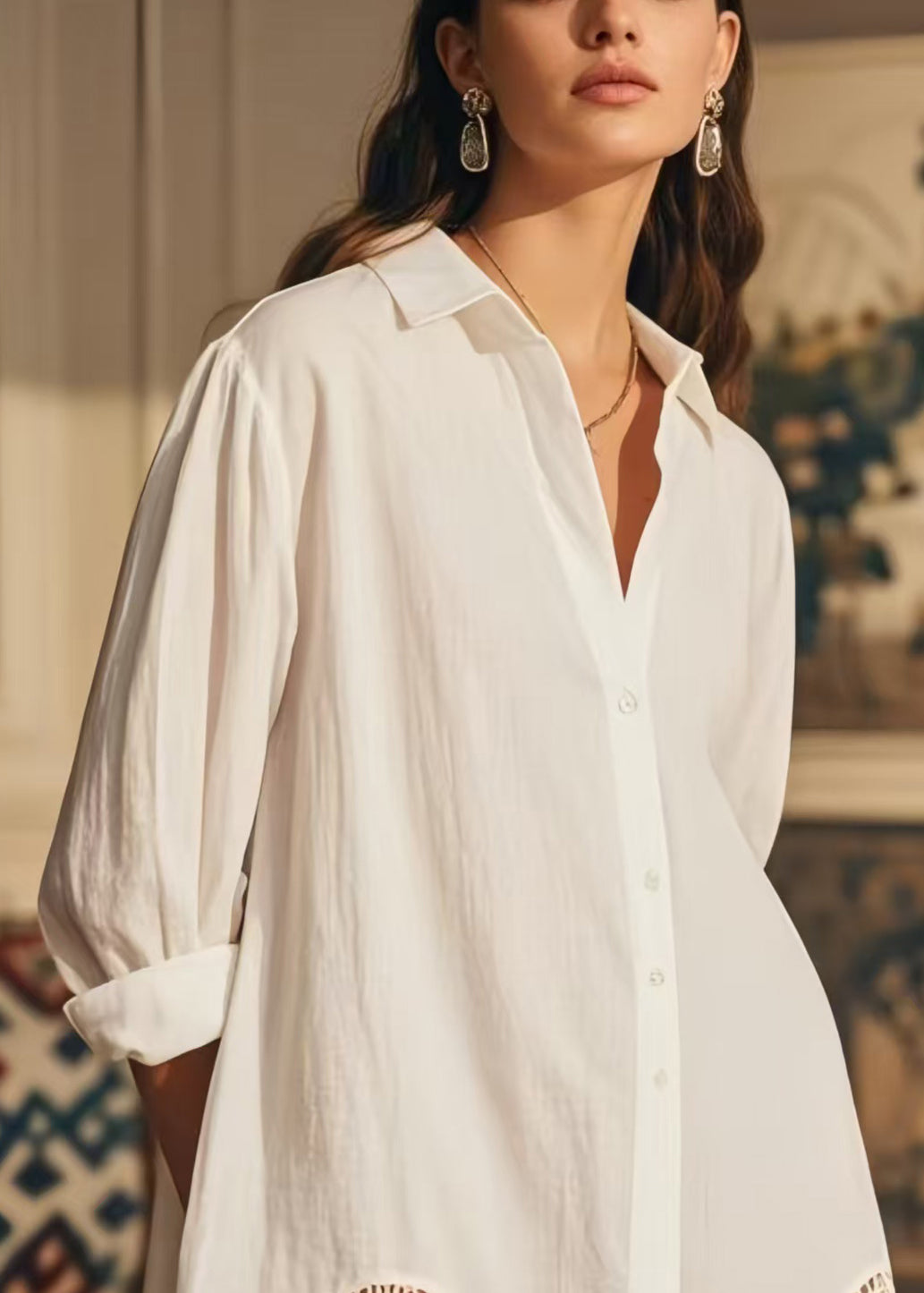 White Oversized Hollow Out Cotton Long Shirts Spring