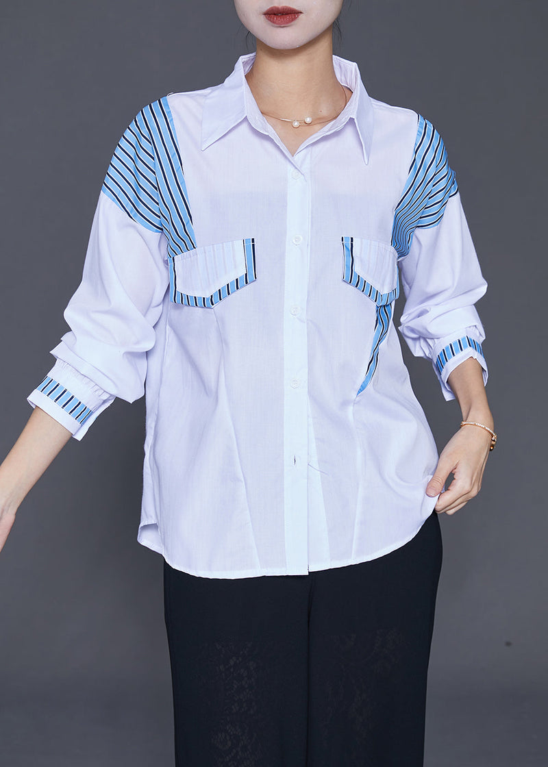 White Oversized Patchwork Striped Cotton Blouse Tops Fall