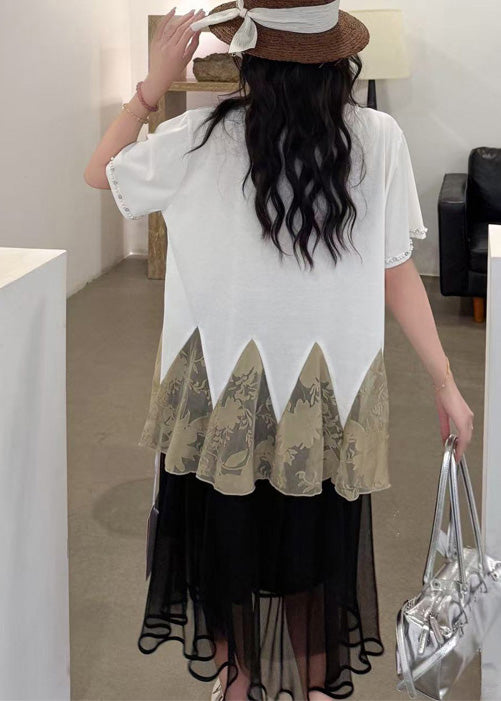 White Oversized Patchwork Tulle Tops Summer