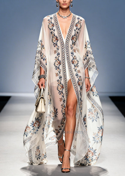White Oversized Print Chiffon Upf 50+ Holiday Cardigans Summer