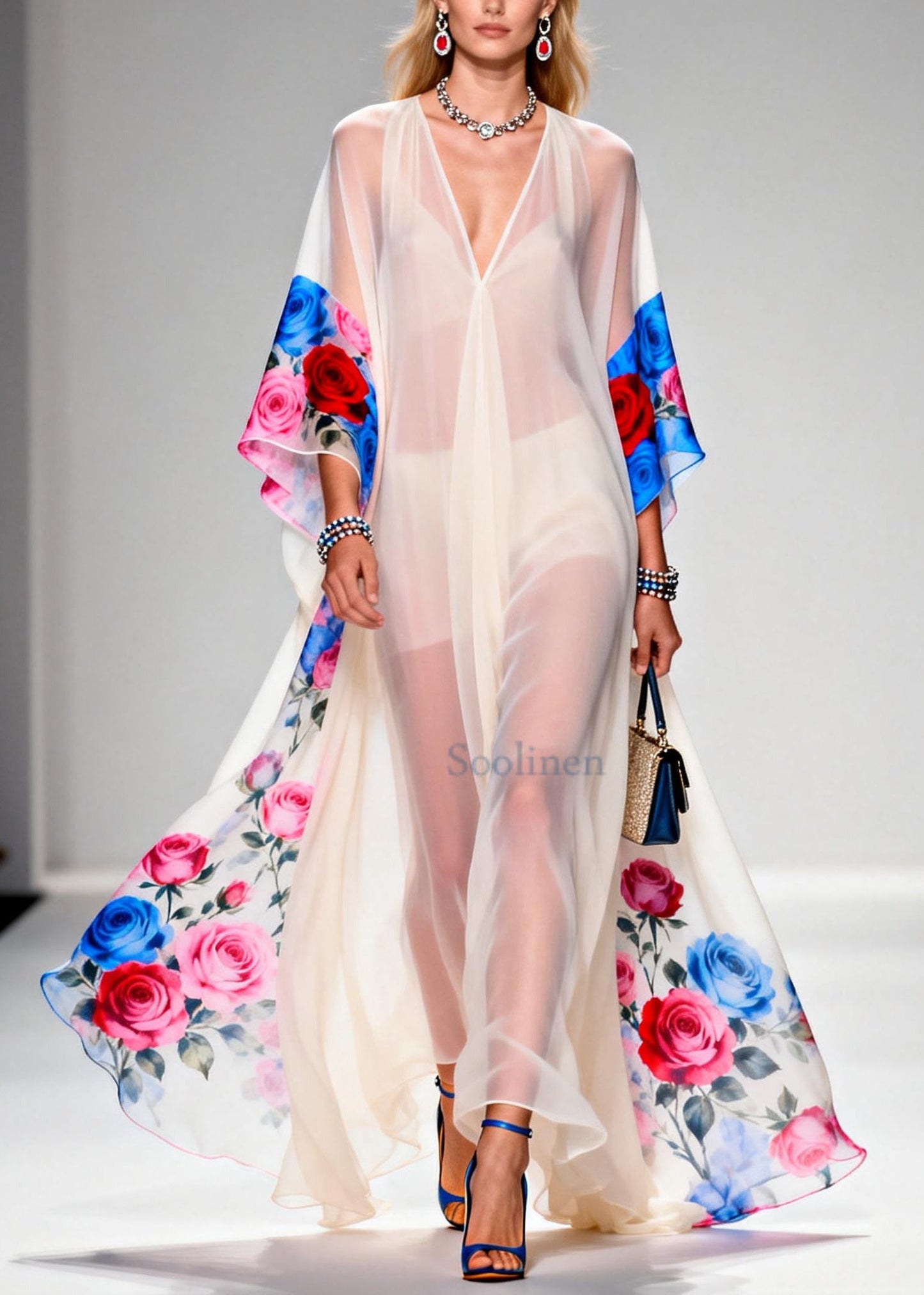 White Oversized Print Sheer Chiffon Maxi Dresses Summer