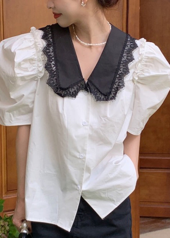White Peter Pan Collar Lace Patchwork Cotton Top Summer