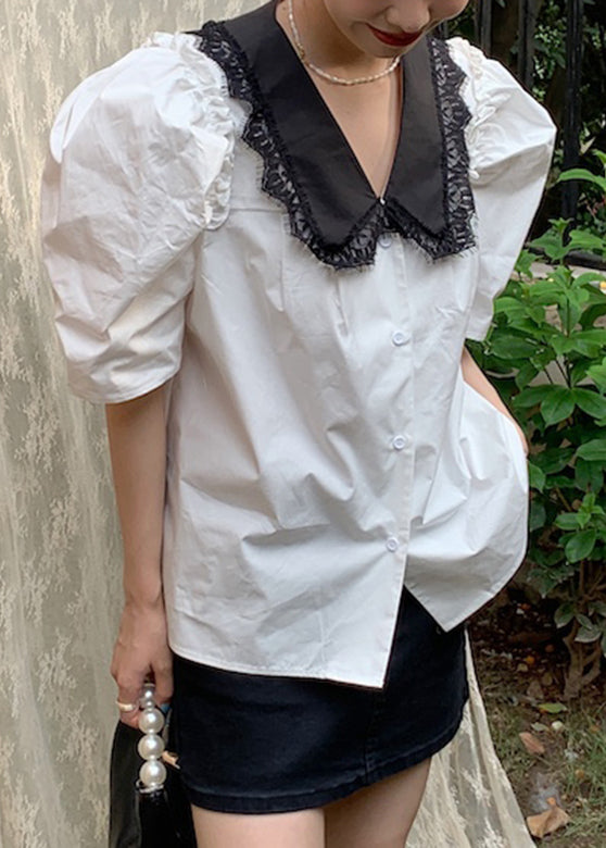 White Peter Pan Collar Lace Patchwork Cotton Top Summer