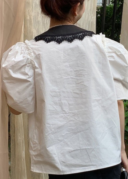 White Peter Pan Collar Lace Patchwork Cotton Top Summer