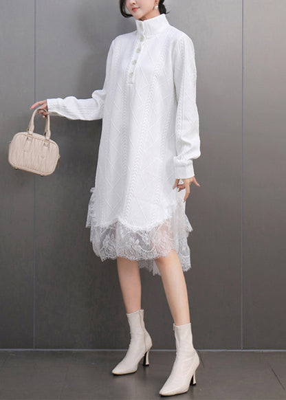 White Peter Pan Collar Lace Patchwork Long Dress Fall
