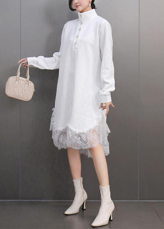 White Peter Pan Collar Lace Patchwork Long Dresses Spring