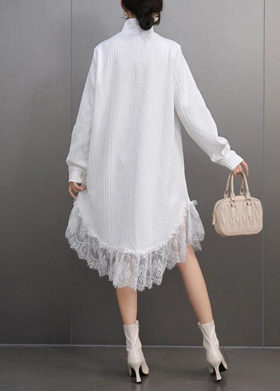 White Peter Pan Collar Lace Patchwork Long Dresses Spring