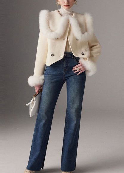 White Peter Pan Collar Patchwork Fox Fur Wool Coat Winter