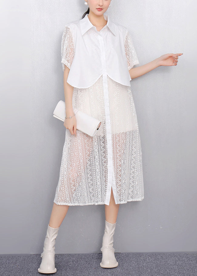 White Peter Pan Collar Patchwork Lace Shirt Dress Summer