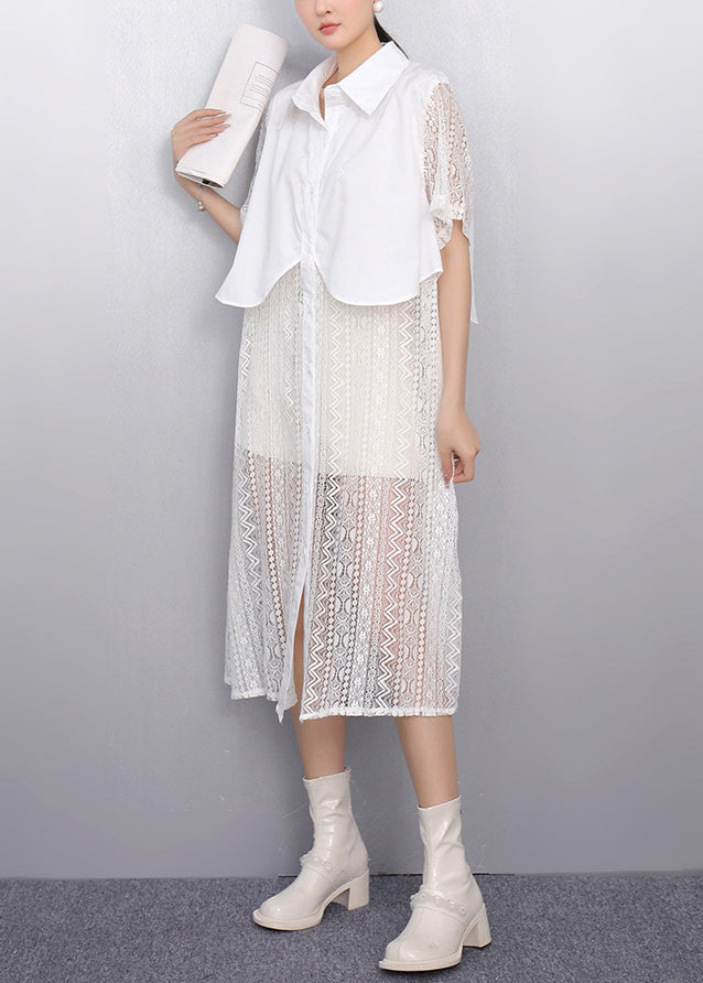 White Peter Pan Collar Patchwork Lace Shirt Dress Summer