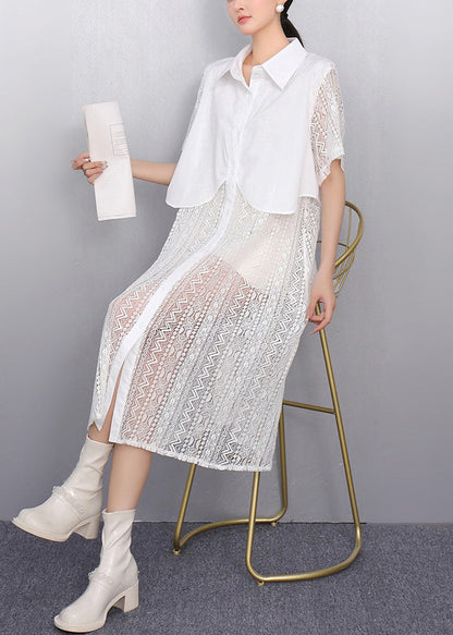 White Peter Pan Collar Patchwork Lace Shirt Dress Summer