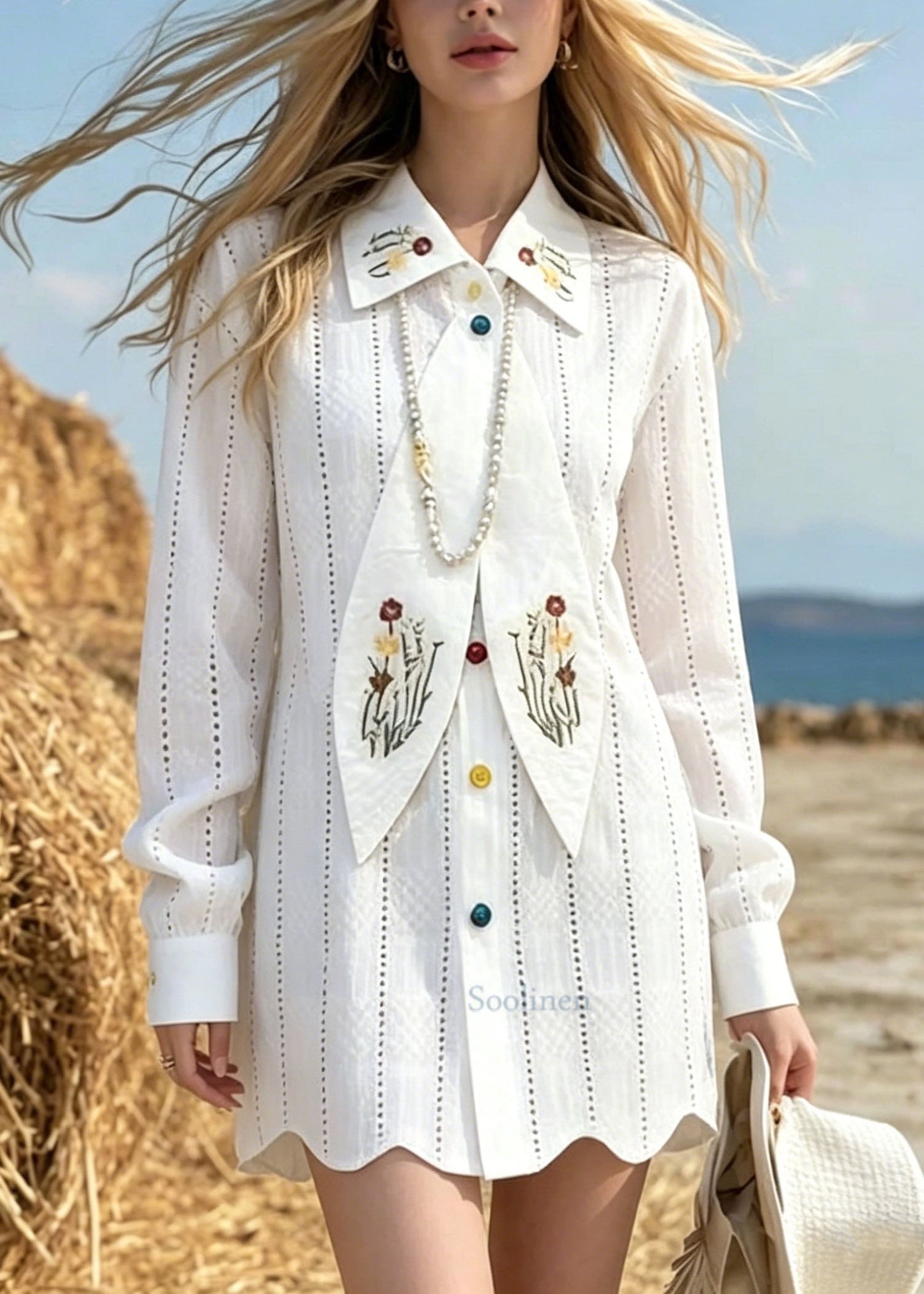 White Peter Pan Collar Print Cotton Mini Dress Spring