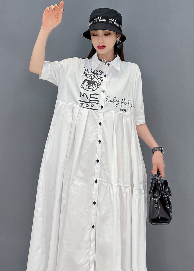 White Peter Pan Collar Print Wrinkled Cotton Party Shirt Dress Short Sleeve