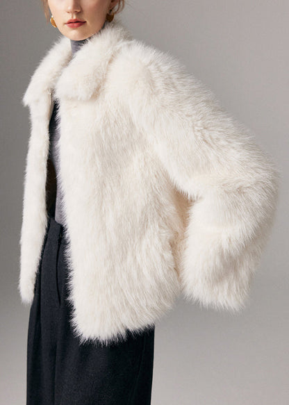 White Peter Pan Collar Zippered Leather and Fur Coats Winter