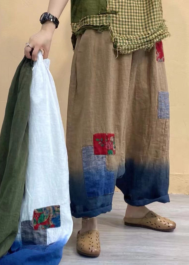 White Pockets Patchwork Elastic Waist Gradient Color Linen Pants Summer