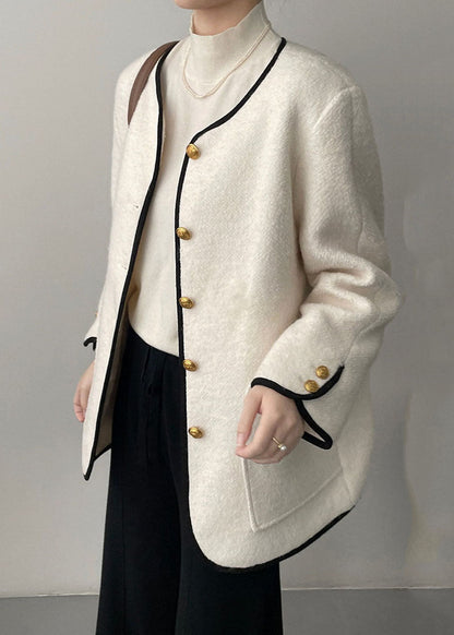 White Pockets Patchwork Woolen Coat Long Sleeve