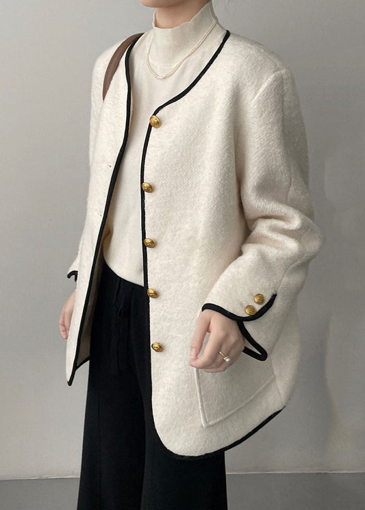 White Pockets Patchwork Woolen Coat Long Sleeve