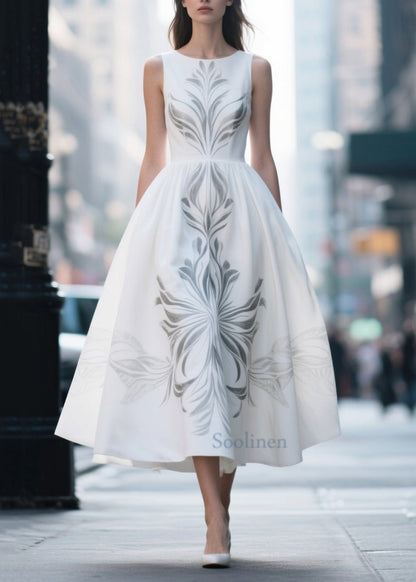 White Print Exra Large Hem Silk Cotton Dress Summer