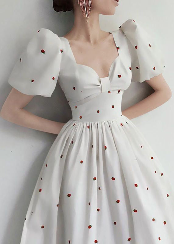 White Print High Waist Cotton Dresses Summer