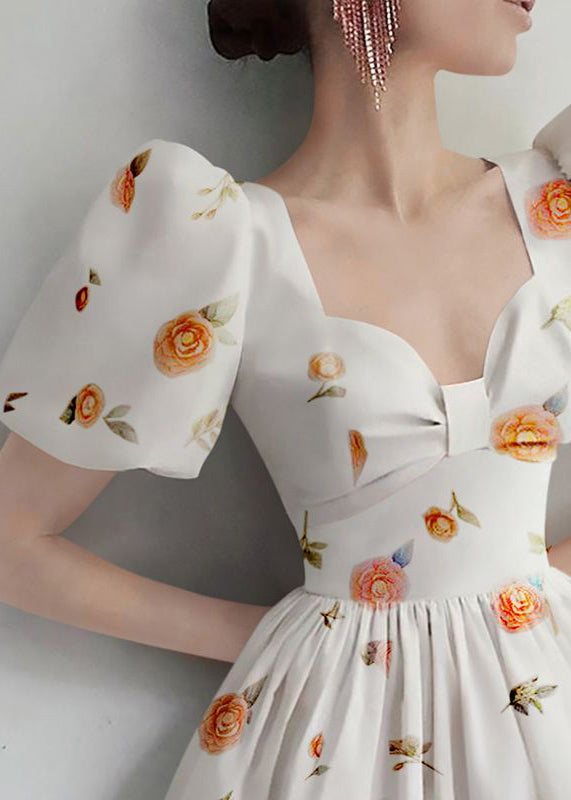 White Print High Waist Cotton Dresses Summer